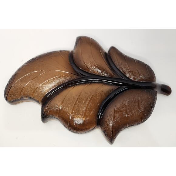 Vintage Amber Glass Leaf Divided Serving Dish 13" Mid Century Retro Leaf Tray - Picture 4 of 7